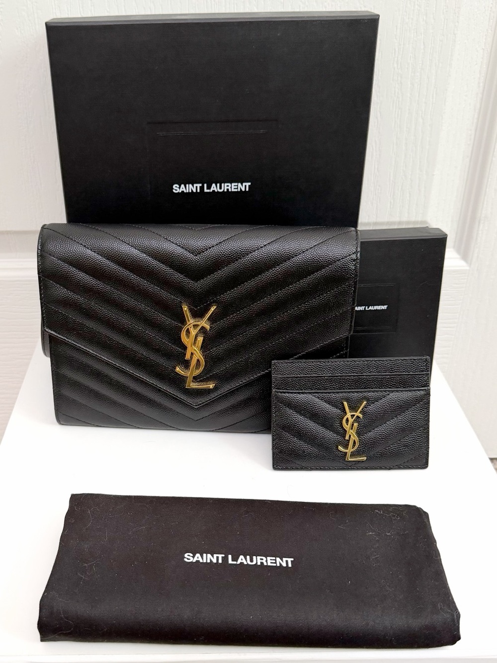 Saint Laurent Black Chevron Quilted Leather Clutch with matching Card Holder